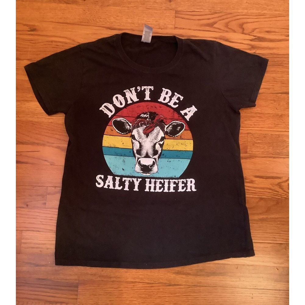Womens Funny Graphic Cow T-Shirt Don't Be A Salty Heifer Black Tee Sz L